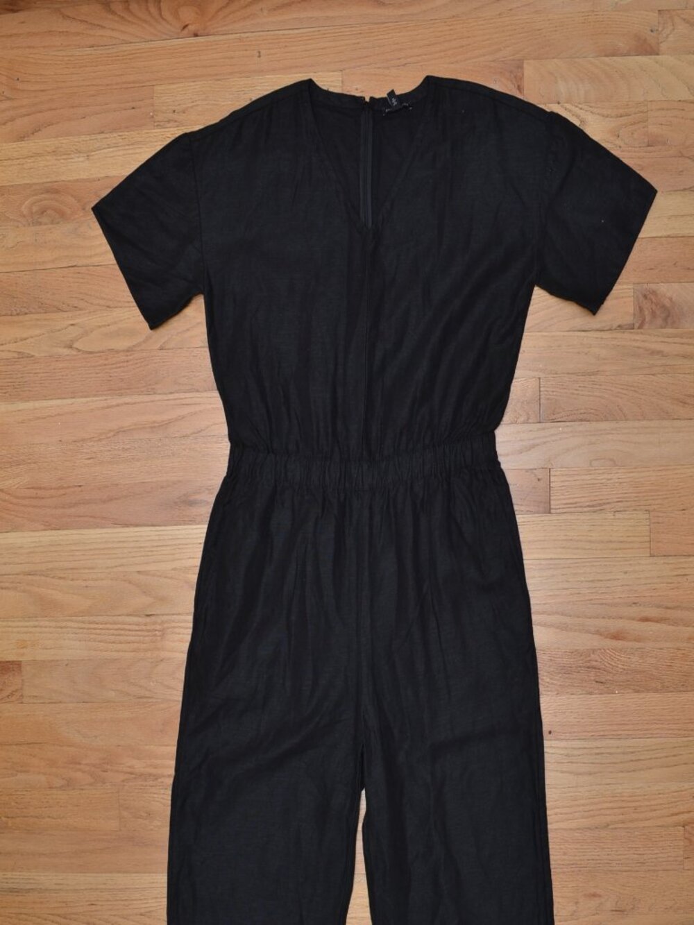 Eileen Fisher Linen Blend Jumpsuit Black Short Sleeve Zipper Crop W Sz Large